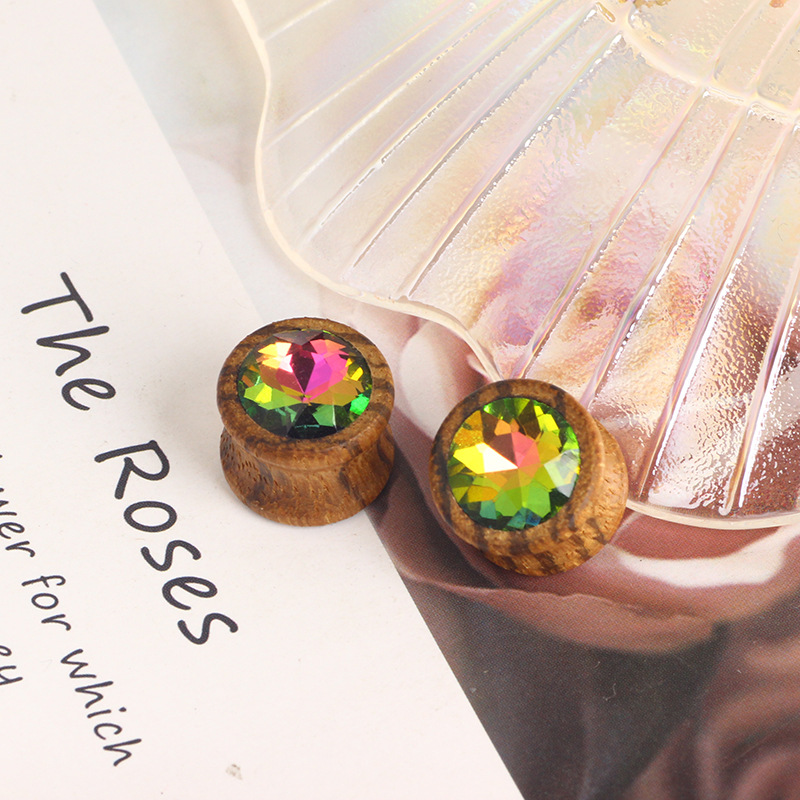 Wood Inlay Crystal Tooth Ear Spreader - Punk Style Waist Drum Ear Gauges Stainless Steel - Image 5