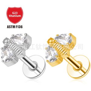 G23 Titanium Bee CZ Ear Cartilage Stud Flat Back Earring for Helix Tragus Piercing Jewelry