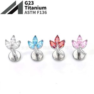 F136 Titanium Internal Thread Three-Horse Eye Leaf Lip Nail Earrings Ear Bone Nail G23 Titanium Alloy Body Piercing Jewelry