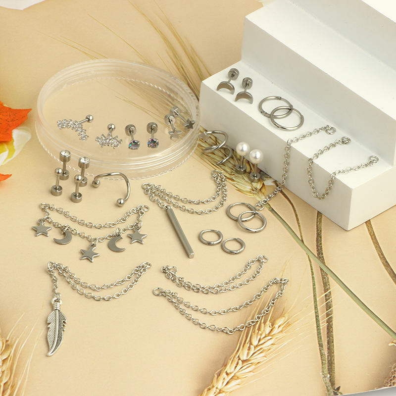 316L Surgical Steel Ear Chain Crown Ear Bone Nail Screw Twist Ball Fashion Earrings European American Piercing Jewelry Set - Image 4
