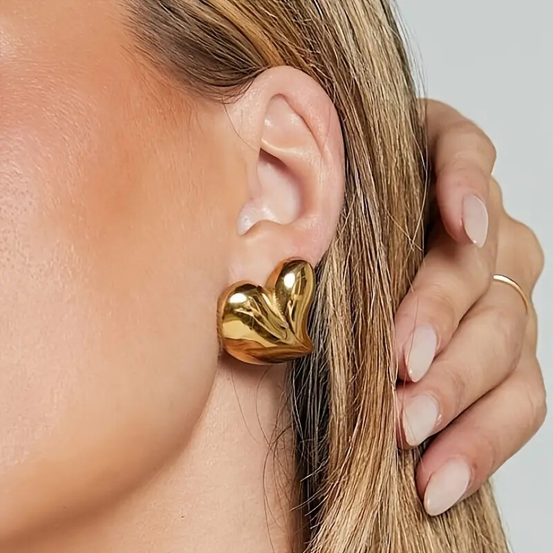 18K Gold Heart Earrings for Women - Stainless Steel Pierced Earrings Trendy Niche Design - Image 4