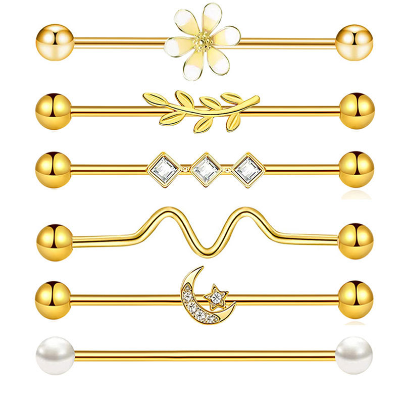 6-Piece Stainless Steel Industrial Ear Stud Set with Moon and Floral Designs, Fashionable Cartilage Piercing Jewelry - Image 5