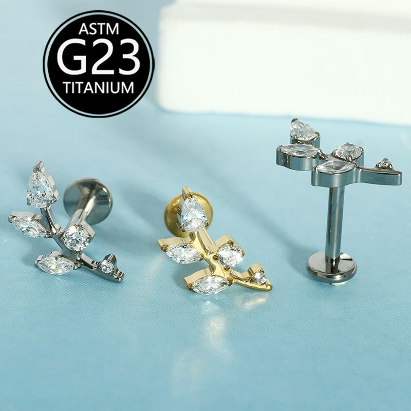 G23 Titanium Alloy Lip Piercing Jewelry with Diamond Leaf Drop-Shaped Zircon Labret Stud, Sold Individually - Image 3
