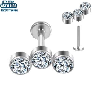 F136 Titanium Alloy Lip Ring 3 Zircon Inner Tooth Thread Body Piercing Jewelry Women's Small Ear Stud Lip Stud Pierced Earrings