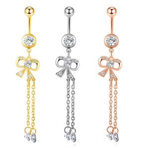 Long Pendant Bow Zircon Navel Ring Stainless Steel Rod Piercing Jewelry Belly Button Ring Rose Gold