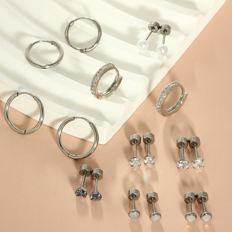 Fashion CZ Stud Earrings Set 9 Pairs Silver Stainless Steel Geometric Ear Jewelry - Image 2