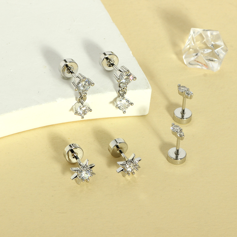 Gold Electroplated Stainless Steel Stud Earrings with Zirconia - Simple Geometric Cartilage Ear Bone Stud Jewelry - Image 4