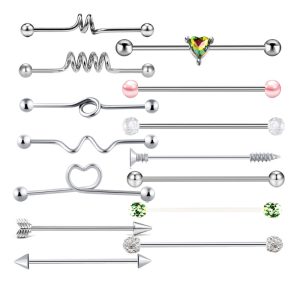 14Pcs Heart Cactus Industrial Barbell Earring Set Stainless Steel Bridge Ear Studs
