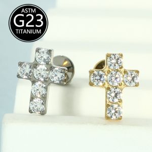 G23 Titanium Cross Stud Earring Lip Labret Nail with 5A Zircon - 1.2mm x 10mm