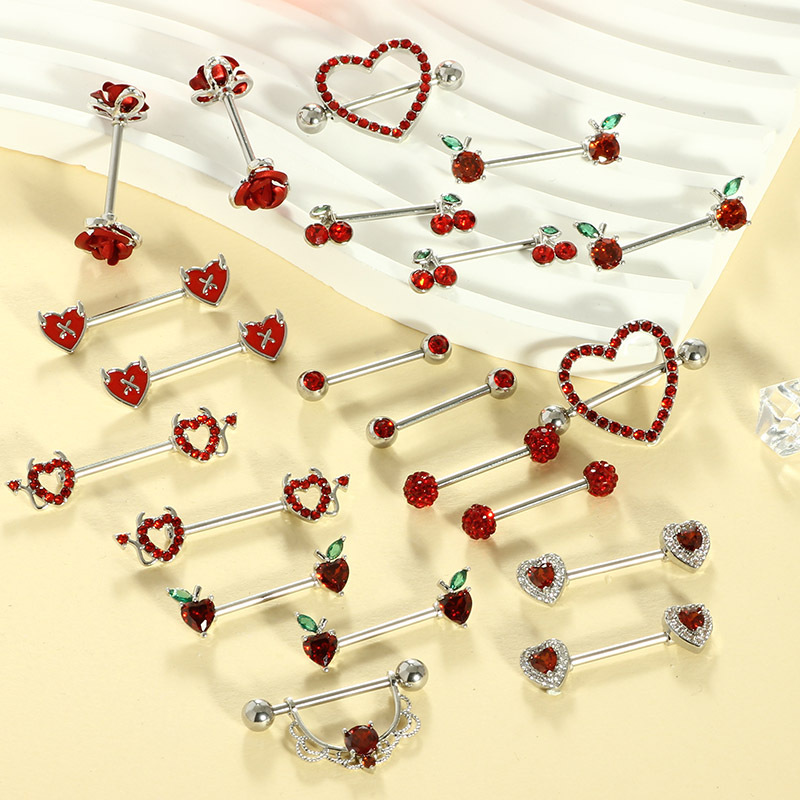 2 Pieces Stainless Steel Red Zircon Nipple Rings Creative Heart Flower Diamond-Studded Nipple Piercing Jewelry - Image 3