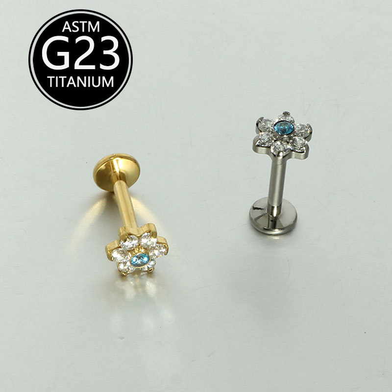 G23 Titanium Alloy Piercing Jewelry Zircon Inlaid Flower Lip Ring Chin Nail Cochlear Nail Ear Bone Nail - Image 4