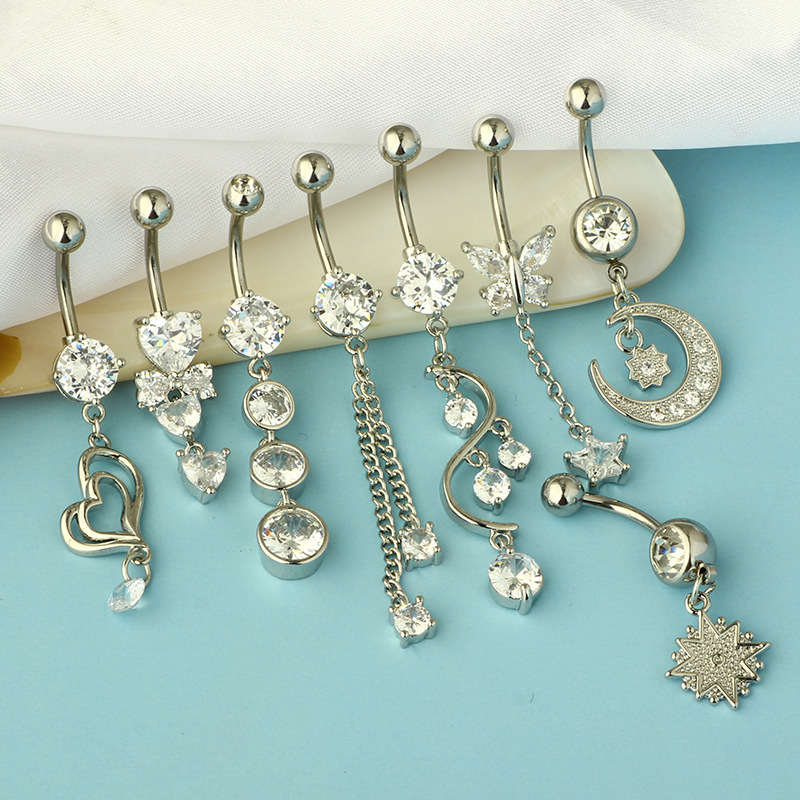 Stainless Steel Belly Button Ring Set - 8 Piece Butterfly Star Dangle Umbilical Jewelry Gold - Image 4