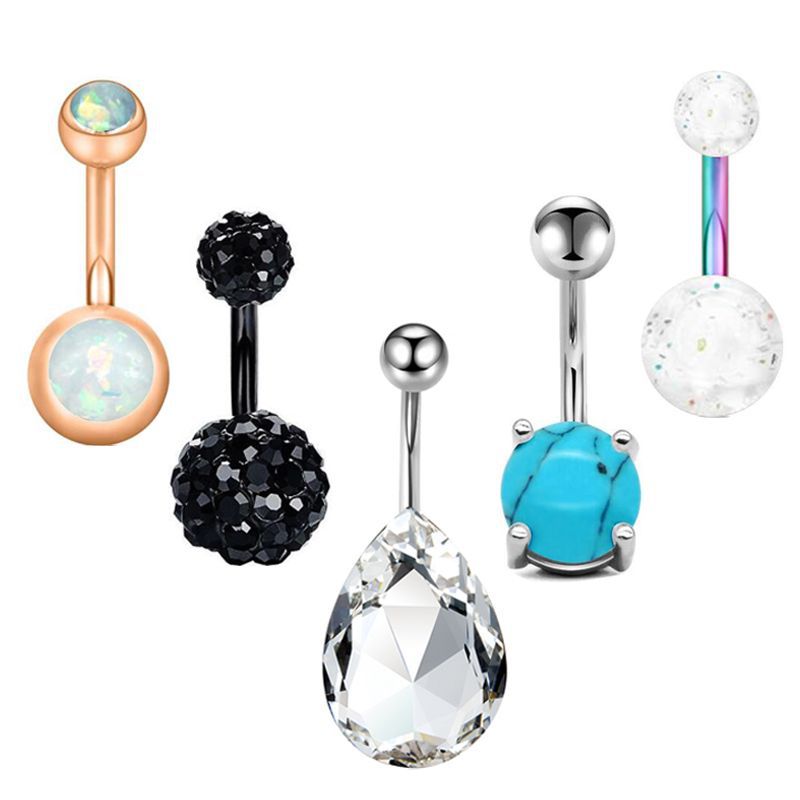 Stainless Steel Zircon Belly Ring Set - 5 Piece Navel Piercing Jewelry with Cactus Floral Design - Image 5