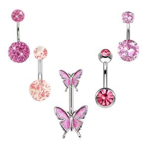 Deep Blue Butterfly Dangle Belly Button Ring Heart Shaped Navel Jewelry Stainless Steel 5-Piece Set Piercing