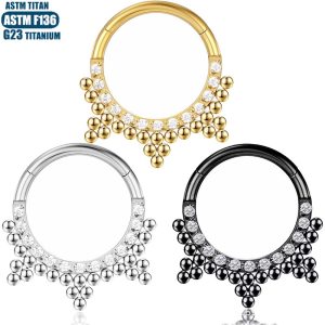 Titanium Alloy Nose Ring F136 Implant-Grade Hinged Piercing Earring Septum Ring Seamless with Zircon Embellishments