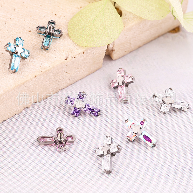 F136 Titanium Alloy Earrings Cross Diamond Lip Nail Inlaid Zircon Ear Bone Nail Body Piercing Jewelry - Image 4