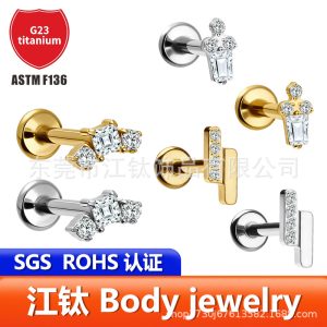 Jiangtai F136 Titanium Alloy Internally Threaded Zircon Ear Cartilage Stud - Geometric Gold & H13 Color 1.2mm x 10mm