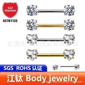 G23 Titanium Nipple Ring with Heart-Shaped Zircon, Gold, 14G 1.6mm x 6mm, Internally Threaded Body Jewelry