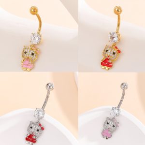 2025 Spring Cute Pink Kitty Cat Cartoon Navel Ring Copper Gold Plated Belly Jewelry