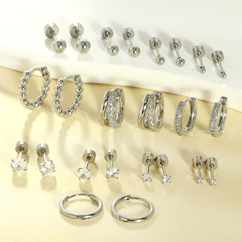 12-Pair Stainless Steel Earrings Set with CZ Diamond, Silver Ball Hoop Geometric Earrings for Women Men - Image 3