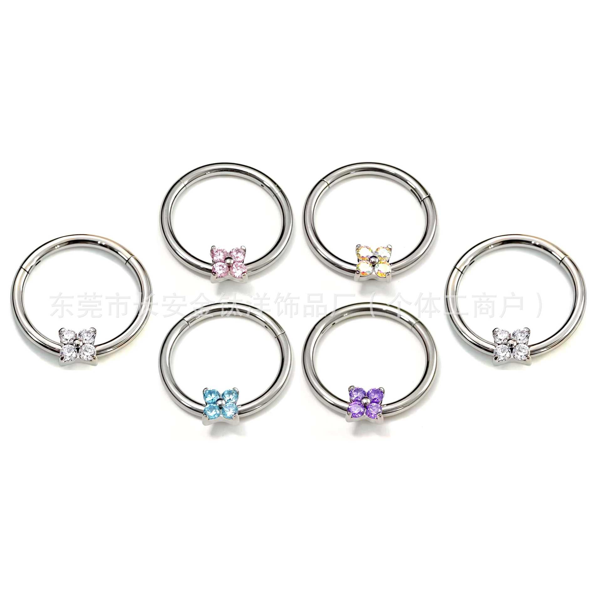 F136 Titanium Four-Leaf Clover Zircon Seamless Open Ring Nose Septum Earring - Blue Zircon - Image 5