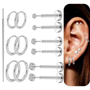 13-Piece Stainless Steel Classic Pin Style Zirconia Stud Ear Cartilage Studs Body Piercing Flat Bar Lip Studs Nose Studs