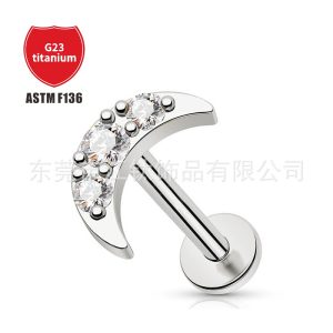 F136 Titanium Moon Stud Earrings with 5A CZ – Lip Ear Bone Nail G23 Titanium Body Jewelry