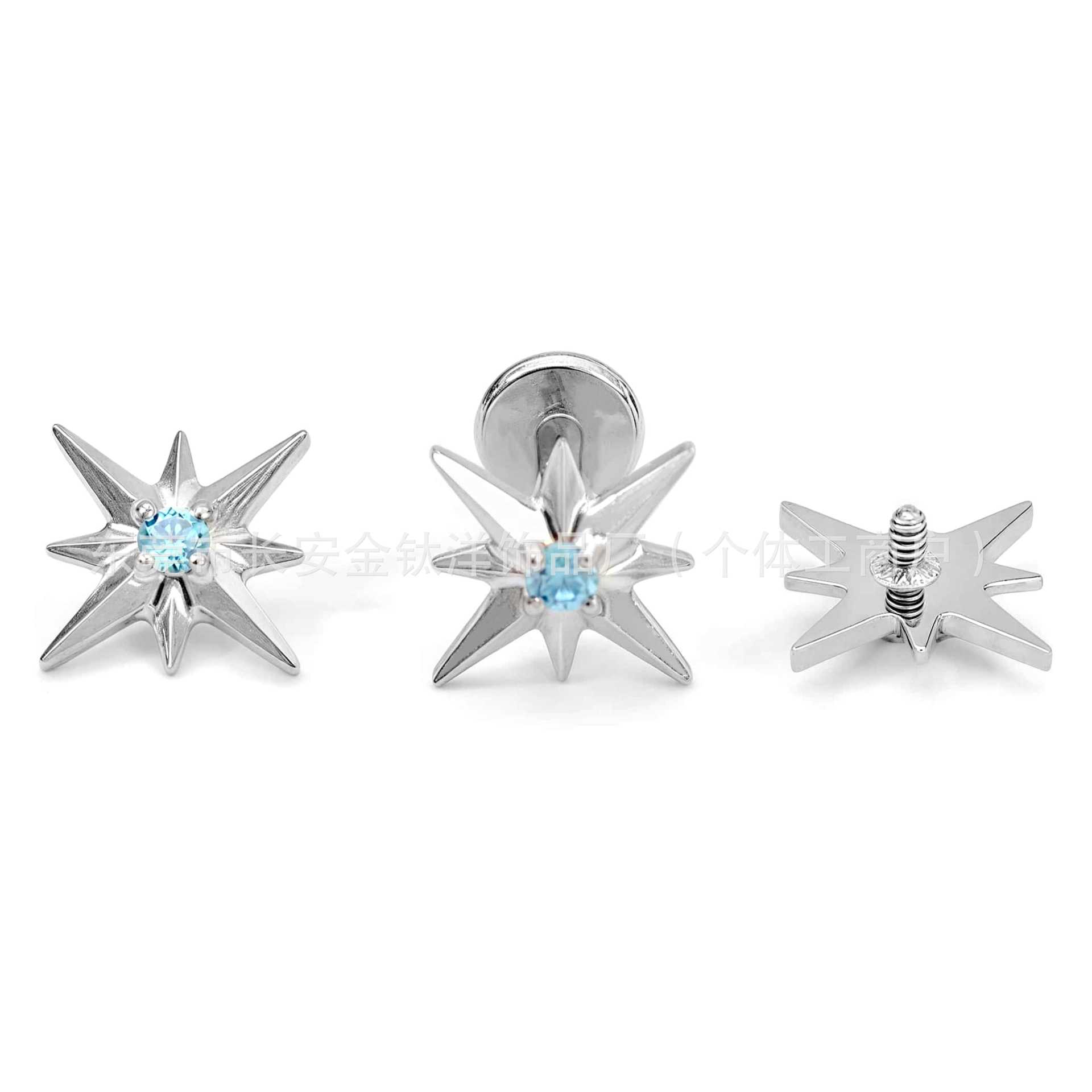 F136 Titanium Eight-Pointed Star Zircon Stud Earring for Lip, Nose, and Ear Cartilage - Blue CZ Body Piercing Jewelry - Image 2