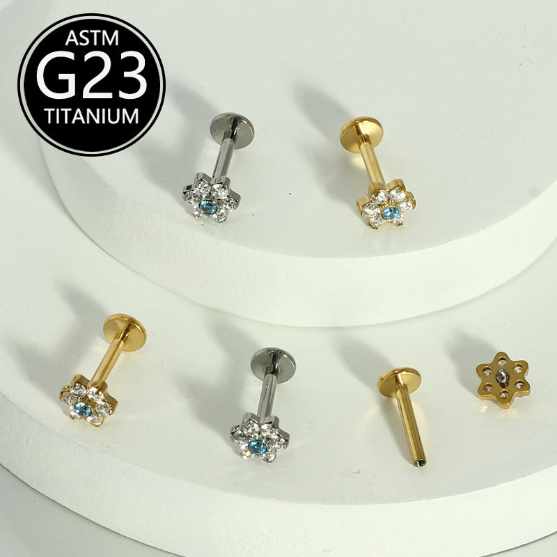G23 Titanium Alloy Piercing Jewelry Zircon Inlaid Flower Lip Ring Chin Nail Cochlear Nail Ear Bone Nail - Image 2