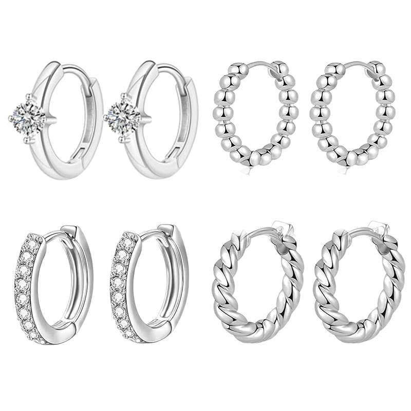 Geometric Ball Earrings for Women Men, 316L Surgical Steel Silver with White Zircon, Minimalist Hoop Earrings - Image 5