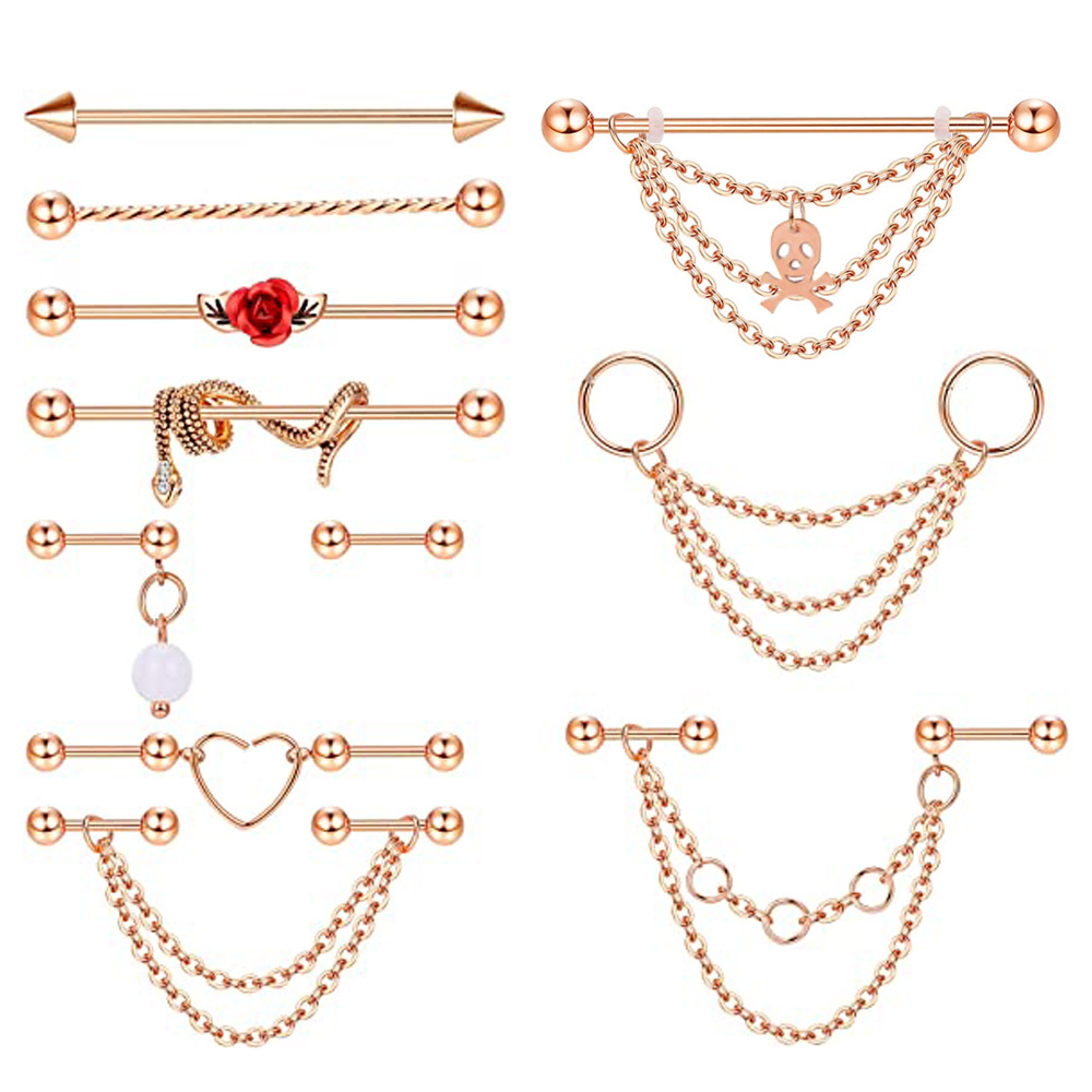 Industrial Ear Bone Nail Set Nine Treasure Flowers Snake Chain Earrings - Rose Gold Stainless Steel Piercing Earrings - Image 3