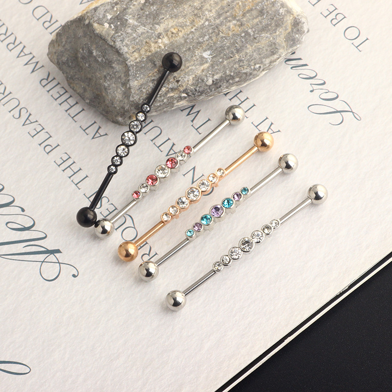 14G External Thread Industrial Barbell Earrings - 7-Drill Zircon Ear Bridge Double Hole Straight Rod for Piercing - Image 2