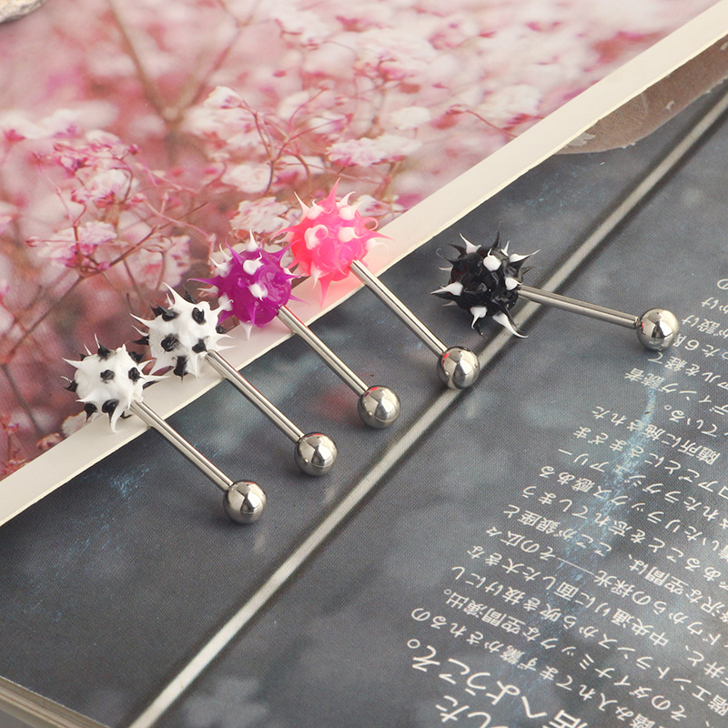 Star Shape Stainless Steel Tongue Ring with Fur Ball Design - Wholesale Body Piercing Jewelry - Image 3