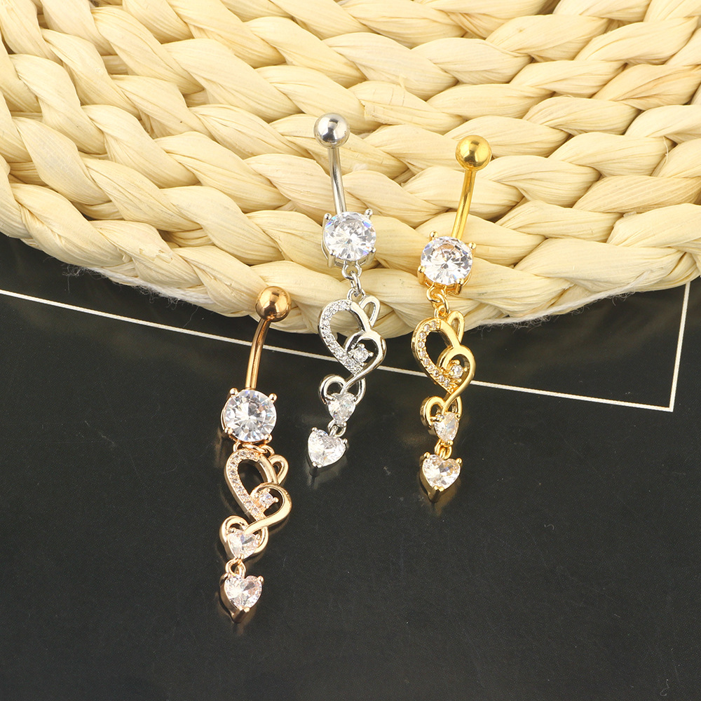 Double Heart Long Zircon Belly Button Ring Navel Piercing Jewelry Rose Gold - Image 5