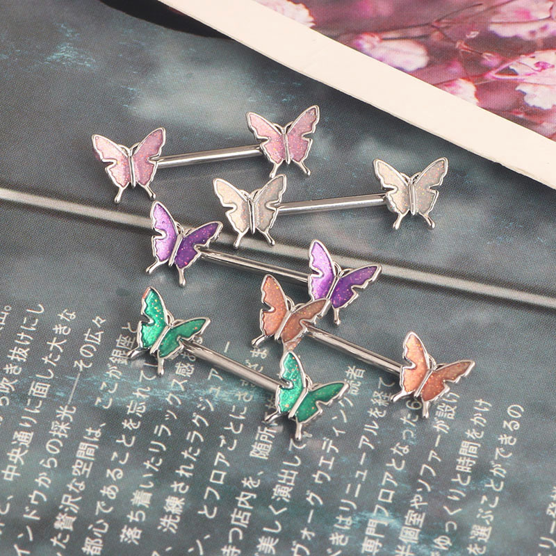 14G Champagne Butterfly Nipple Ring Set Oil Drip Design Stainless Steel Sexy Nipple Jewelry - Image 4