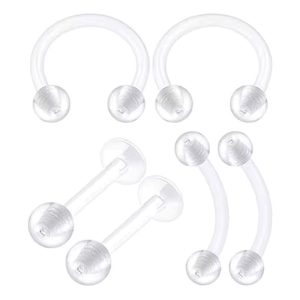 6-Piece Acrylic Nose Ring, Horseshoe Barbell, Lip Stud, Invisible Transparent Combo Set - Body Piercing Jewelry