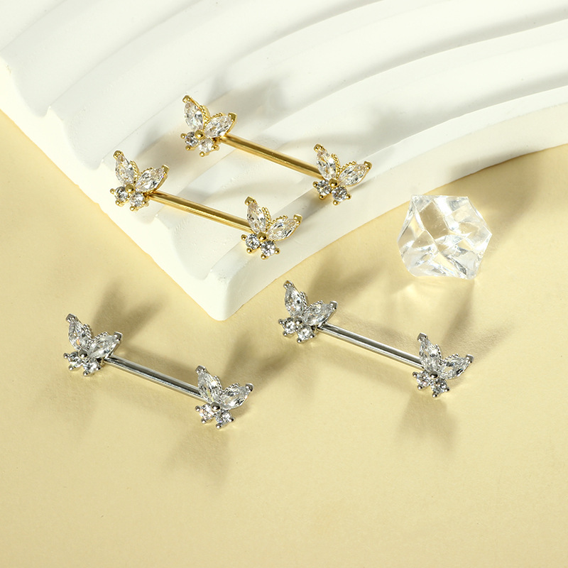 Butterfly White Zircon Nipple Ring Stainless Steel Simple Style Body Jewelry Pair - Image 3
