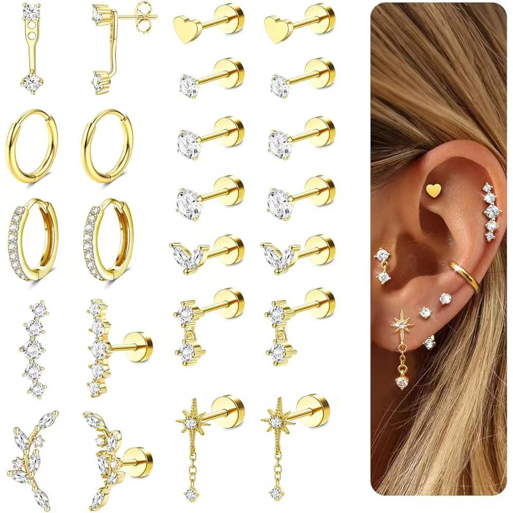 24-Piece Stainless Steel + Copper Zircon Stud Earrings Set, Trendy Ear Bone Studs for Women, Wholesale Earring Set - Image 5