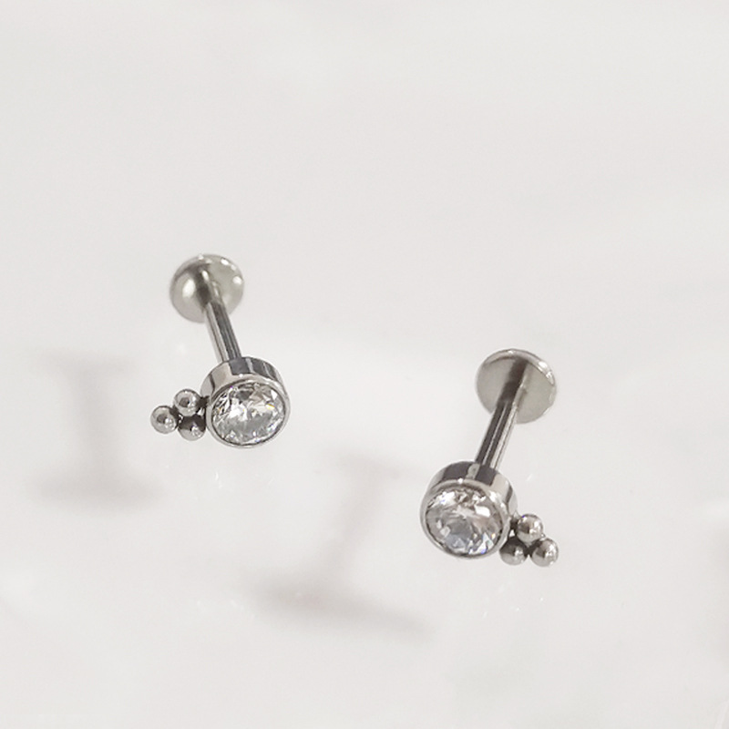 F136 Titanium Ear Stud with Zircon Beads - 12mm Labret Stud for Cartilage Helix Tragus Piercing - Image 2