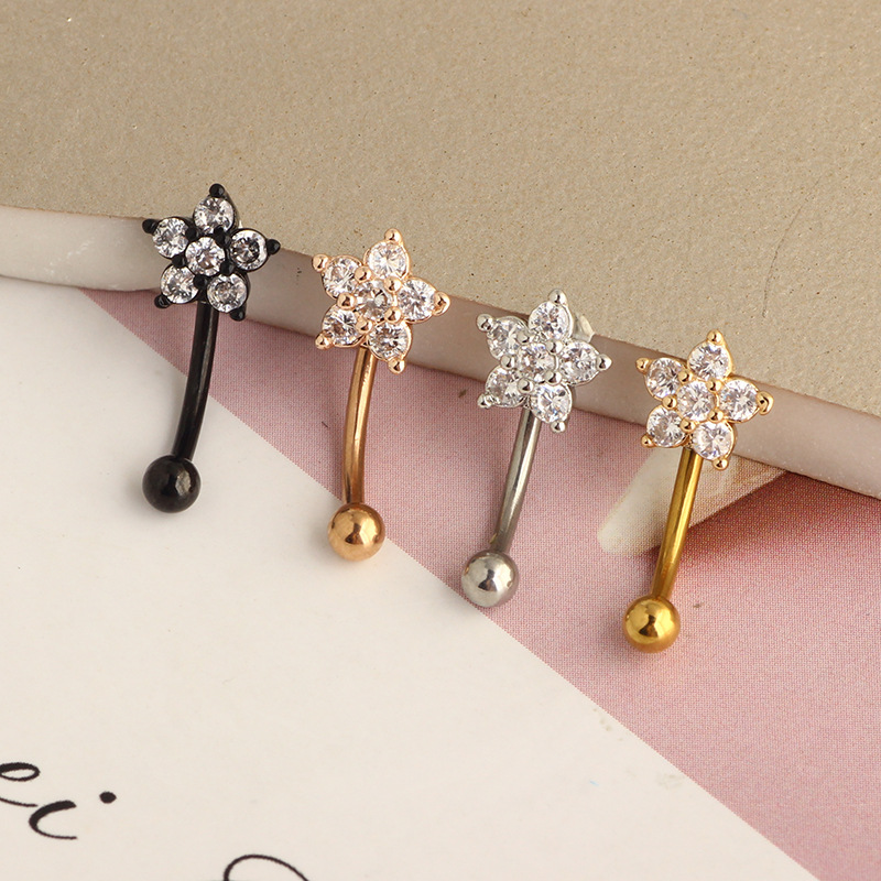 16g Stainless Steel Micro-Paved Zircon Plum Blossom Curved Earring Eyebrow Ring - Image 2