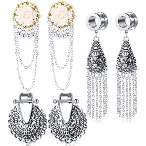 Ear Gauges Tassel Dangle Flower Earrings Retro Dream Chaser 3 Pair Set Body Piercing Jewelry 16mm