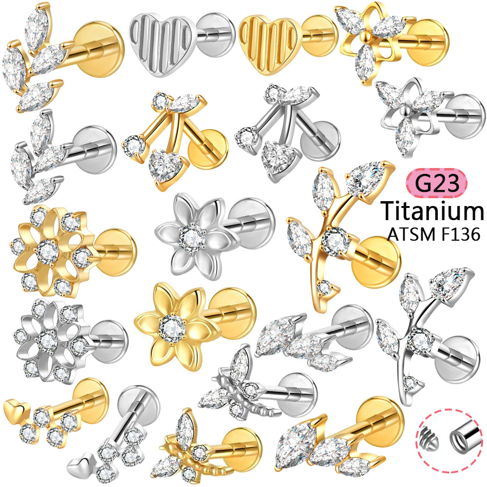 F136 Titanium Heart-Shaped Internally Threaded Lip Stud with CZ - Silver 1.2x10mm Body Piercing Lip Labret Jewelry - Image 5