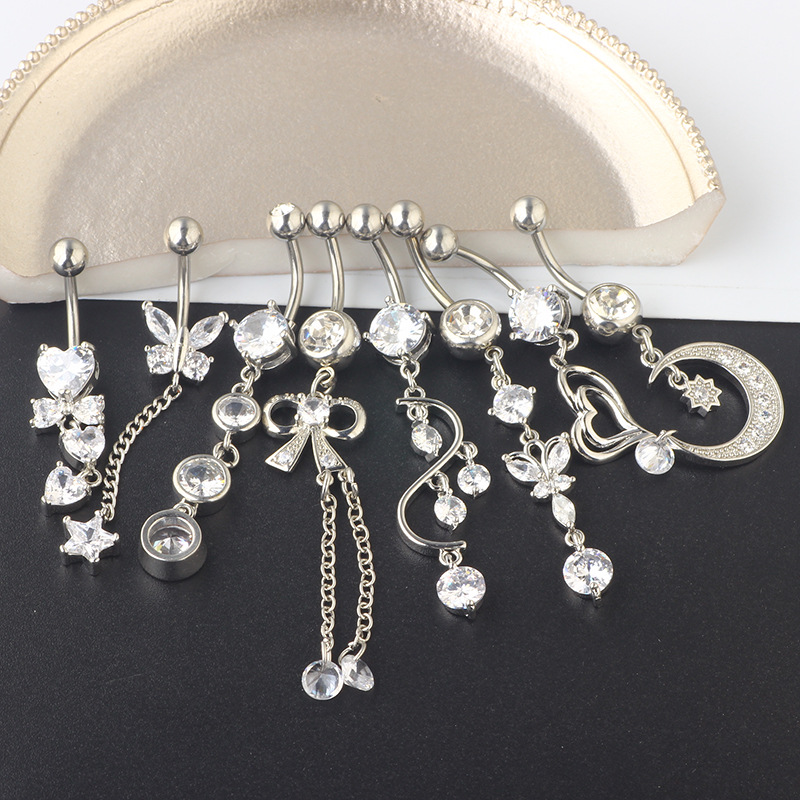 8-Piece Set Zircon Belly Button Ring Suit Navel Ring Body Piercing Jewelry Silver Stainless Steel - Image 3