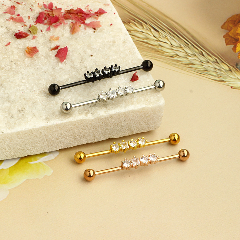 European American Industrial Barbell Ear Piercing, External Thread Straight Rod Zircon Earrings for Double Ear Holes, Black Titanium Alloy - Image 3