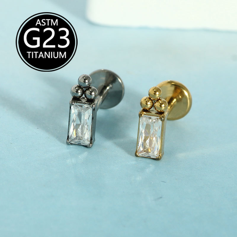 G23 Titanium Alloy F136 Internal Thread Inlaid Zircon Geometric Lip Stud Ear Cartilage Piercing Jewelry - Image 2