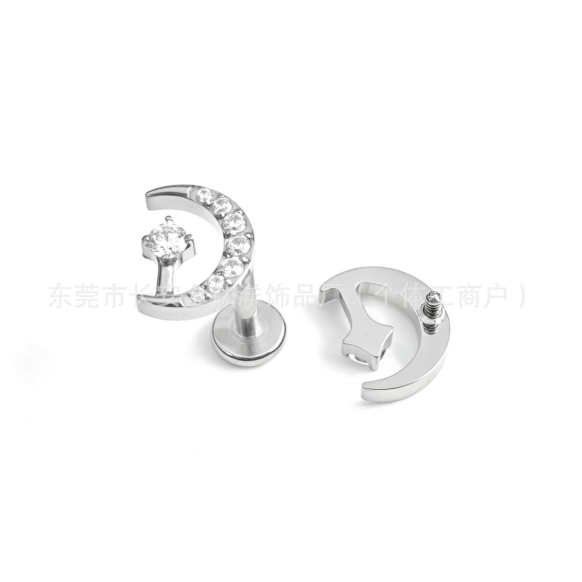 F136 Titanium Curved Moon Bezel Zircon Nose Stud Earrings Body Piercing Jewelry - Image 4