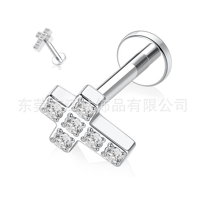 G23 Titanium Cross Inlaid 5A Zircon Ear Studs Lip Nail Body Piercing Jewelry Earrings - Image 5