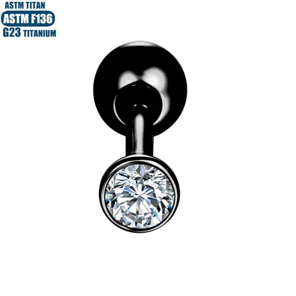 F136 Titanium Labret Lip Ring with CZ Stone - 0.8x8mm Black Zircon Ear Stud - Image 2