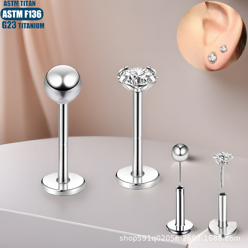 G23 Titanium Alloy Zircon Lip Labret Stud Straight Rod Diamond Ear Stud Earrings Human Body Piercing Jewelry Tongue Stud Lip Ring - Image 2