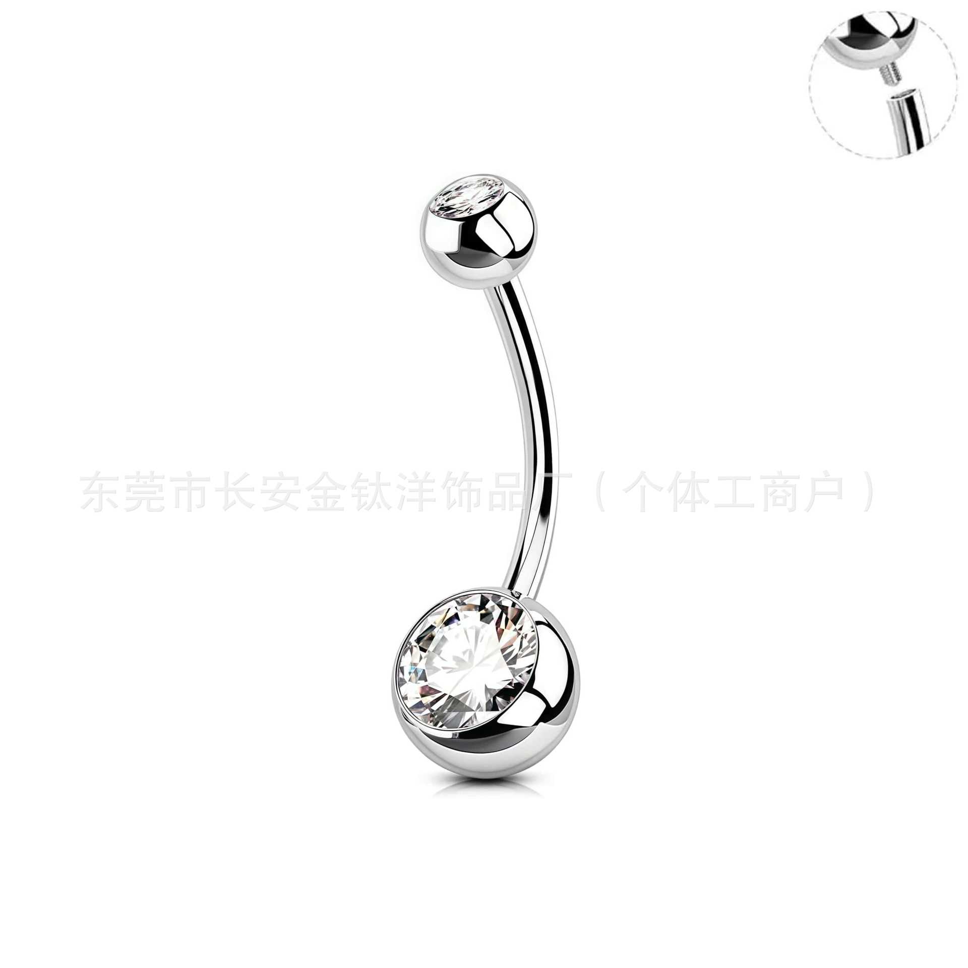F136 Titanium External Thread Double-Ended Curved Rod Zircon Navel Piercing Ring - G23 Titanium Alloy Body Jewelry - Image 3